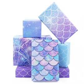 Reversible Mermaid Wrapping Paper, 6pcs Purple Blue Mermaid Scale Scallop Galaxy Gift Wrap Papers, Under the Sea Ocean Theme Art Paper for Kids Girls Birthday Baby Shower DIY Crafts Gift Packing Sheet