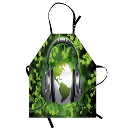 Ambesonne World Apron, World of Music Themed Composition DJ Headphones Musical Notes and Earth Globe, Small Apron Bib with Adjustable Ties for Baking Painting, Small Size, Lime Green Grey