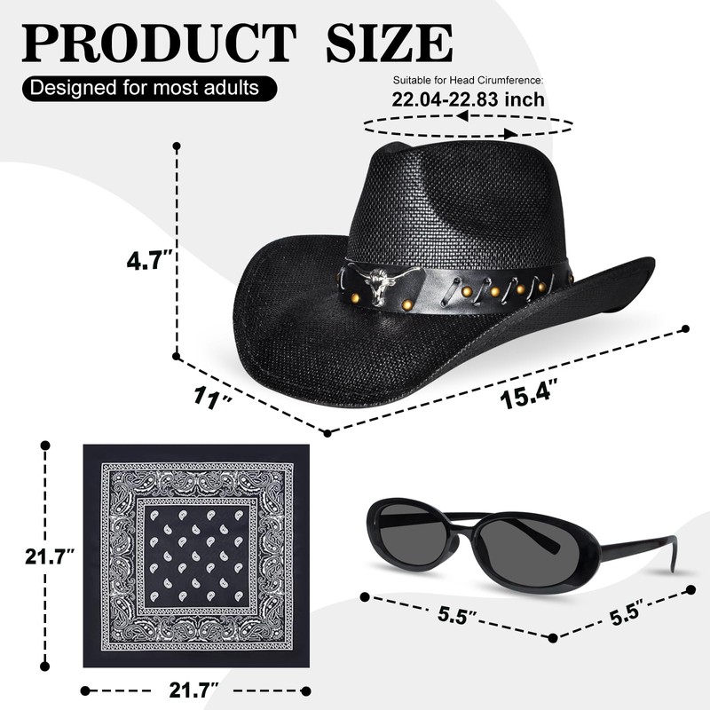 Black Straw Cowboy Hat Western with Glasses and Scarves, Hat