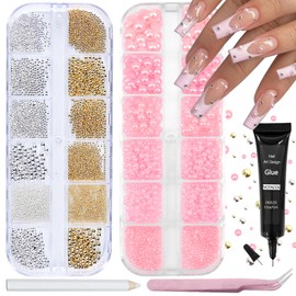 VOTACOS Nail Art Pearls with Rhinestones Glue Gel Flatback Pearls Nail Charms Luxurious Nails Supplies Accessories Gold Silver Gems Jewelry Pearl for Women Nails Design(Pink)