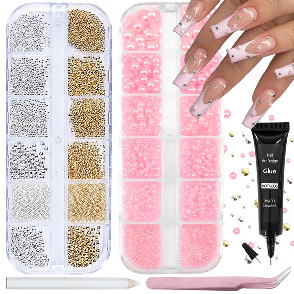 VOTACOS Nail Art Pearls with Rhinestones Glue Gel Flatback Pearls