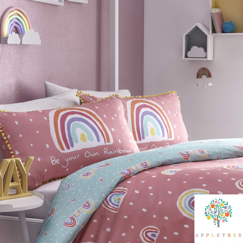 Appletree Rainbow Pom-Duvet Cover Set, 100% Cotton, Pink, Single