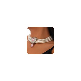 fxmimior Women Boho 1920s Pearls Choker Necklaces Earrings Set Gold Silver Green Pearls Layered Choker Necklaces Black Multilayer Rhinestones Layering Necklaces for Women (Silver Pink)