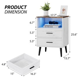 Lareth Farmhouse Nightstand with Charging Station and LED Lights, 25.6" H x 17.7" W x 15.7" D Wooden End Table with 2 Drawers, Smart Bedside Table for Dorm, Apartment, Small Space, Antique White