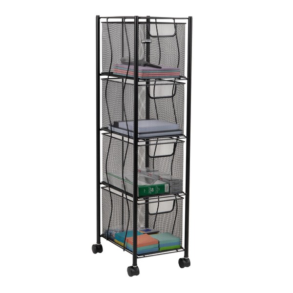 Mind Reader Network Collection, Rolling File Cabinet with 4 Removable Drawers, Omnidirectional Wheels, Desk or Supply Organizer, Lightweight and Portable, Metal Mesh, 8"L x 11"W x 31.5"H, Black