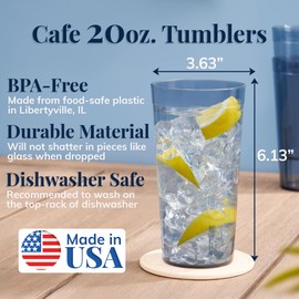 US Acrylic Cafe Plastic Reusable Tumblers (Set of 16) 20-ounce Water Cups in Grey | Value Set of Restaurant Style Drinking Glasses, Stackable, BPA-free, Made in the USA | Top-rack Dishwasher Safe