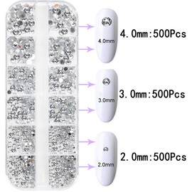 Nail Gems, Flat Back Crystal Rhinestones with Pick Up Tweezer for Nail and Face Art, Craft Decoration, 1500Pcs, 3 Sizes