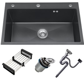 DuyviSteil Black Drop in Kitchen Sink, 30x18 Inch Stainless Steel Single Bowl Kitchen Sink, Topmount 18 Gauge Metal Laundry Sink with Drain Basket and Strainer Mesh Set