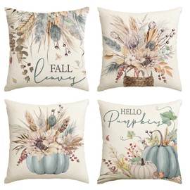 AVOIN colorlife Fall Pumpkin Wheat Cotton Sunflower Jar Autumn Thanksgiving Throw Pillow Covers, 20 x 20 Inch Seasonal Blue Cushion Case for Sofa Couch Set of 4
