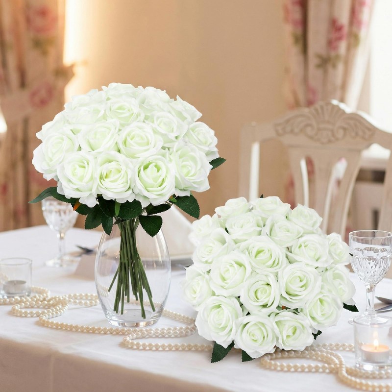 20 Pcs White Artificial Flowers Fake Artificial Roses Silk Flower