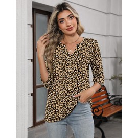 LOMON Three Quarter Sleeve Tops Woman Spring Basic Vneck Shirts Business Casual Outfits Leopard Print Tops for Women M