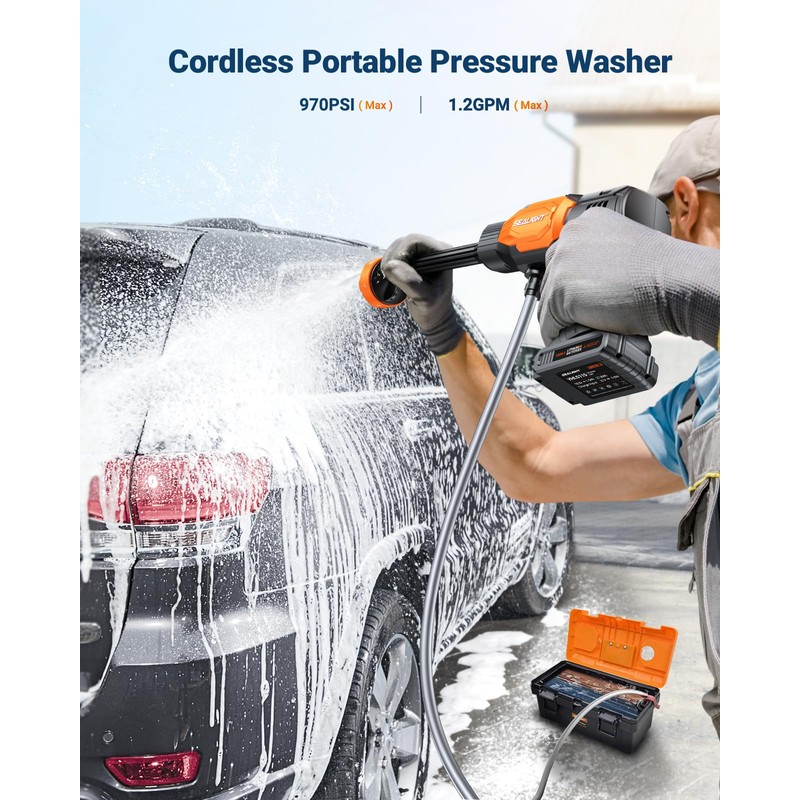 SEALIGHT Cordless Pressure Washer, 970PSI Portable Power Washer with 3.0Ah