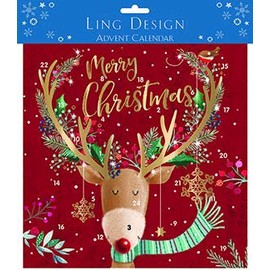 Ling Designs Advent Calendar ITS THAT SPECIAL TIME OF THE YEAR Red Reindeer Merry Christmas Gold Foil with 24 Doors and White Mailing Envelope Nativity Scene 230 x 230 mm