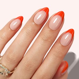 Short French Tip Press On Nails Almond | GJZEZ Soft Gel Orange French Tips on Natural Pink Base Stick On Fake Nails, Salon Level False Nail -16 Sizes - 32 Reusable Nail Kit with Glue, Tangerine