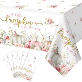 6Pcs 108x54inch A Little Pumpkin Is On the Way Plastic Tablecloths,Floral Baby Girl Shower Tablecloth,Disposable Little Pumpkin Table Cover for Fall Baby Shower Gender Reveal Party Decorations