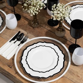 PLASTICPRO 64 Pack Elegant Disposable Plastic Plates Combo Set Includes 32 Dinner Plates and 32 Salad Plates Heavy Duty Fancy Party Plates White & Black Contemporary Design