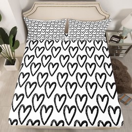 Love Sheet Set Heart Shaped Bed Sheets,Black and White Lattice Plaid Fitted Sheet Buffalo Checkered Geometric Grid Flat Sheet for Women Boys Girls Love Heart Kawaii Room Decor Full