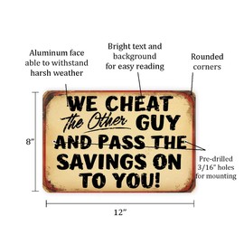 “We Cheat the Other Guy” Sign – 8x12 Vintage Metal Wall Decor, Funny Retro Shop Sign, Distressed Humor Plaque For Garage Or Man Cave