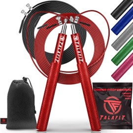 Professional Skipping Rope Crossfit TALAFIT | Adjustable Fitness Skipping Rope | Skipping Rope | Boxing Rope | Skipping Rope with High Speed Ball Bearings | Includes Bag (Black) (Red)