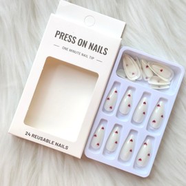 Almond Press on Nails Valentine’s Day Heart Fake Nails Medium Length Acrylic Nails Glossy Yogurt White False Nails with Wine Red Heart Designs Valentines Glue on Nails for Women Girls