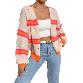 WDIRARA Women's Color Block Striped Crochet Long Sleeve Cardigan Loose Open Front Button Knitted Sweaters Multicolor Large