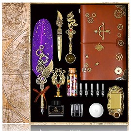 NC Quill Pen Ink Set, Includes Quill Pen, Notebook,5 Replaceable Nibs, Ink, Pen Holder, Cup, Stamp, Spoon, Wax Beads, White Wax,Envelopes and Letter Paper Etc.Beautiful Gift Calligraphy Set.(Purple)