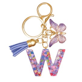 OEHEDOU Blue Purple W Letter Keychain For Women With Butterfly Tassel Resin Keyring for Wallets Handbags Car Keys Accessories Stylish Keychain Cute Car Keychain For Wallet Backpack Bag Charm