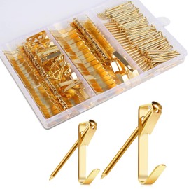Picture Hangers, 100 Pieces Picture Hanging Kit Including 30lb and 50lb Picture Hanging Hooks, Picture Hooks with Nails for Picture Frames, Hanging Pictures, Clocks on Drywall and Wood Walls (Gold)