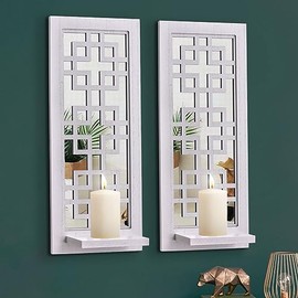 Wall Mirrored Candle Sconces Set of 2, Decorative Wooden Candle Holder, Rustic Candle Sconce, White Living Room Wall Decoration