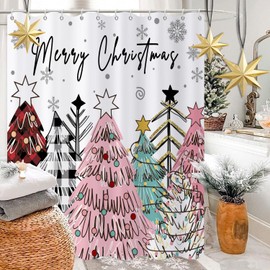 Caheansi Merry Christmas Shower Curtain, Colorful Buffalo Check Plaid Xmas Tree Winter New Year Holiday Bathroom Curtain Waterproof Fabric Machine Washable with Hooks, 72" Wx72 L