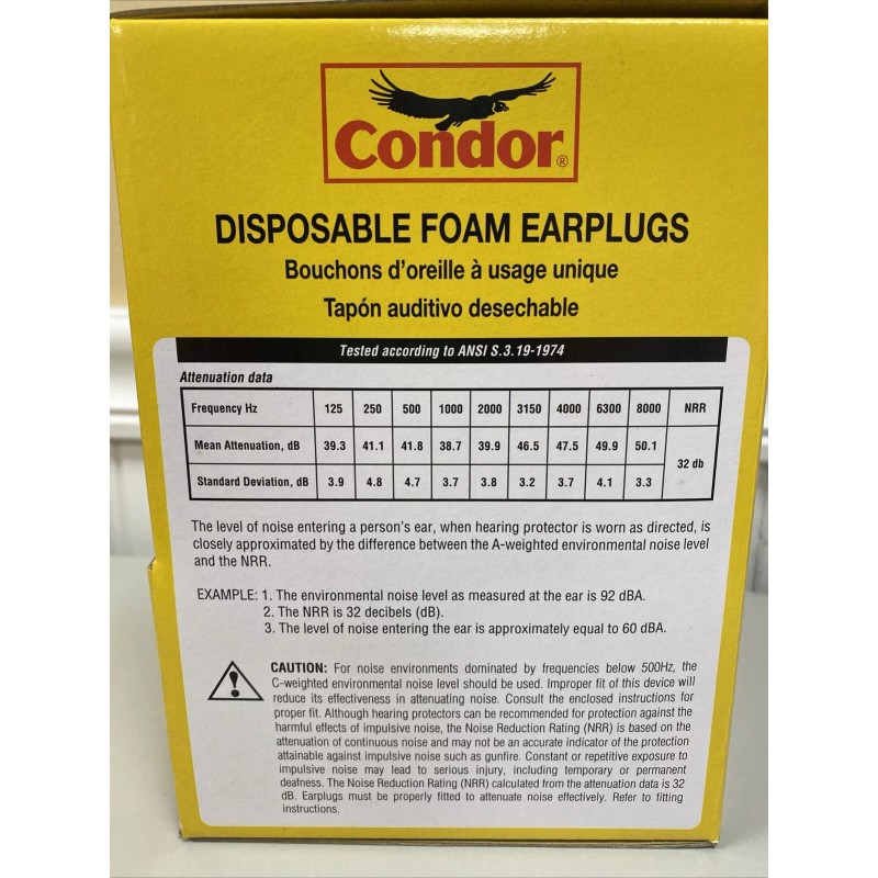 CONDOR Disposable Foam Earplugs Box of 100 Pair 22ED81