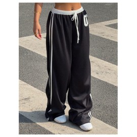 SOLY HUX Women's Plus Size Wide Leg Baggy Y2k Sweatpants Drawstring Waist Casual Pants Jersey Streetwear Black Printed XX-Large Plus