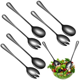 Set of 6 Salad Servers Stainless Steel Serving Cutlery Heavy Duty Salad Servers Black High Gloss Polished Salad Spoon 20 cm Serving Spoon Stainless Steel Salad Cutlery Set for Family, Hotels,
