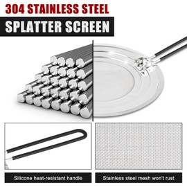 Stainless Steel Splatter Screen for Frying Pan - Grease Splatter Guard with Folding Handle - Cover Oil Splash from Bacon, Oil, or Deep Fryer - Food Strainer and Universal Cookware