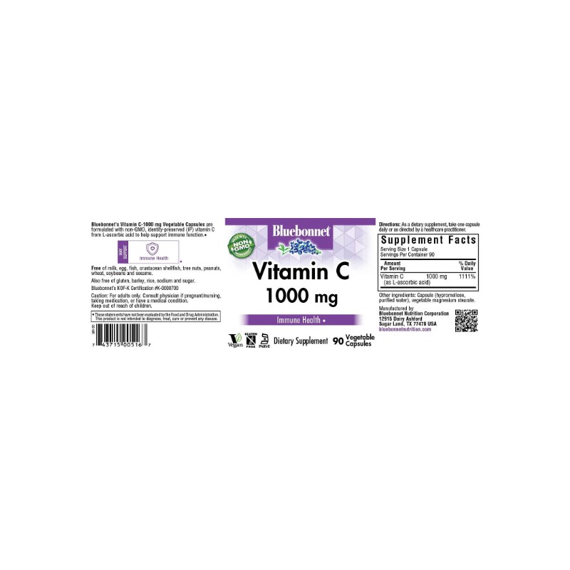 Bluebonnet Vitamin C 1000 Mg 90 Vegetable Capsules, Immune Health