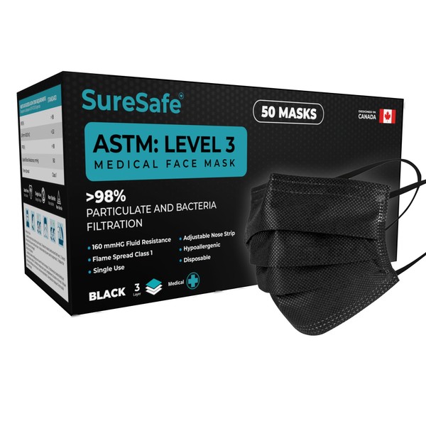 SureSafe 50 PCS ASTM Level-3 Masks Disposable, Black face mask,