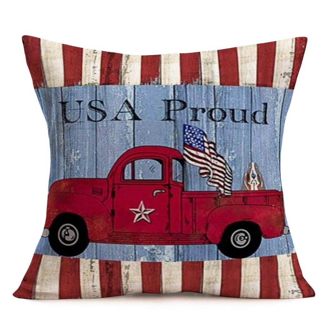 Aremazing Rustic American Patriotic Pillow Covers Farmhouse Decorative Cotton Linen Independence Day American Flag with Red Truck Throw Pillow Case Square Cushion Cover 18x18 Inch (USA Proud Truck)