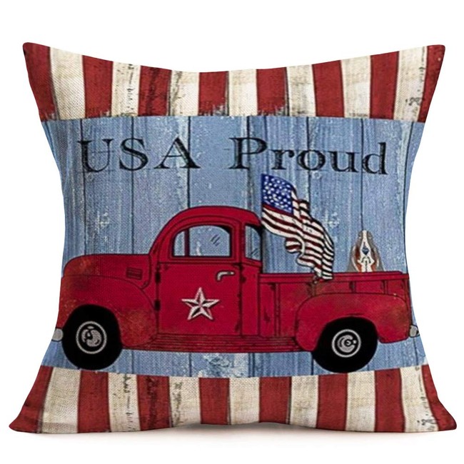 Aremazing Rustic American Patriotic Pillow Covers Farmhouse Decorative Cotton Linen Independence Day American Flag with Red Truck Throw Pillow Case Square Cushion Cover 18x18 Inch (USA Proud Truck)
