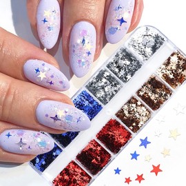 4th of July Nail Glitter Red Blue Sliver Star Nail Sequins for Nail Art Decorations Independence Day Nail Supplies Sparkly Holographic 3D Nail Flakes Confetti for Women Girls Face Body Nail Decoration
