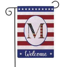 Patriotic Decorative Flag Initial Letter Garden Flags with Monogram M Double Sided American Independence Day Flag Welcome Burlap Garden Flags 12.5×18 Inch for House Yard Patio Outdoor Decor(M)