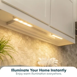 Brilliant Evolution 0.6" Ultra-Thin Wireless Under Cabinet Lights - 4 Pack, Battery-Operated LED Fixtures with 2 Remotes 3000K Warm White Stick-On Lighting, Timer Included for Kitchen and Counter