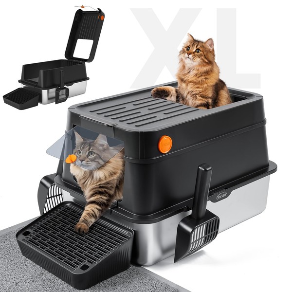 RXLUY Stainless Steel Litter Box with Lid, Flip-Top Covered Cat