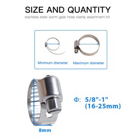 Quickun 20Pcs 3/4" Stainless Steel Hose Clamp Worm Gear Clamps Adjustable 5/8"-1"(16-25mm) Range, Fuel Line Clamp for Water Pipe, Hose Clips, Automative and Mechanical Application