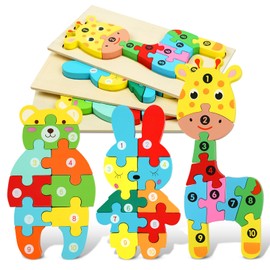 HOTUT Wooden Puzzle Toy, 3 Pieces Montessori Toy Puzzle, Wooden Puzzle from 1 2 3 Years, 3D Creative Learning Toy for Children, Educational Baby Puzzle, Gift for Boys Girls