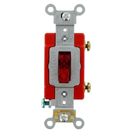 Leviton 1221-LHR Extra Heavy Duty Grade, Self Grounding, 20 Amp, 120 Volt, Single-Pole AC Illuminated Toggle Switch, Red