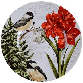 222 Fifth Winter Cheer Chickadee Amaryllis Flower Holiday Pattern Porcelain China Single Plate (8.75 Inch Salad)