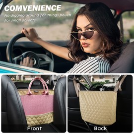 Car Organizers and Storage Purse Holder, Large Capacity Car Net Pocket Handbag Holder, Automotive Consoles & Backseat Organizer, Leather Back Seat Bag Between Car Front Seats, Beige