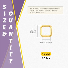 Swpeet 60Pcs 5/8 Inch - 15mm Gold Metal Rectangle Ring, Webbing Belts Buckle Metal Rings for for Belt Bags DIY Accessories Keychains Belts and Dog Leash (Gold, 5/8 Inch)