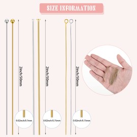 600 Pcs 2 Inch Head Pins Eye Pins Flat Head Pin with Plastic Box 50 mm Eye Pins for Jewelry Making Gold Silver Head Pin for Craft Earring Bracelet Necklace Pendant Making Accessories