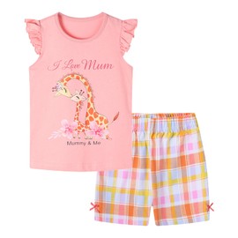 HILEELANG Toddler Toddler Girl Short Sets Summer Cotton Casual Pink Mommy And Me T-Shirt Plaid Shorts Outfit Set 4T